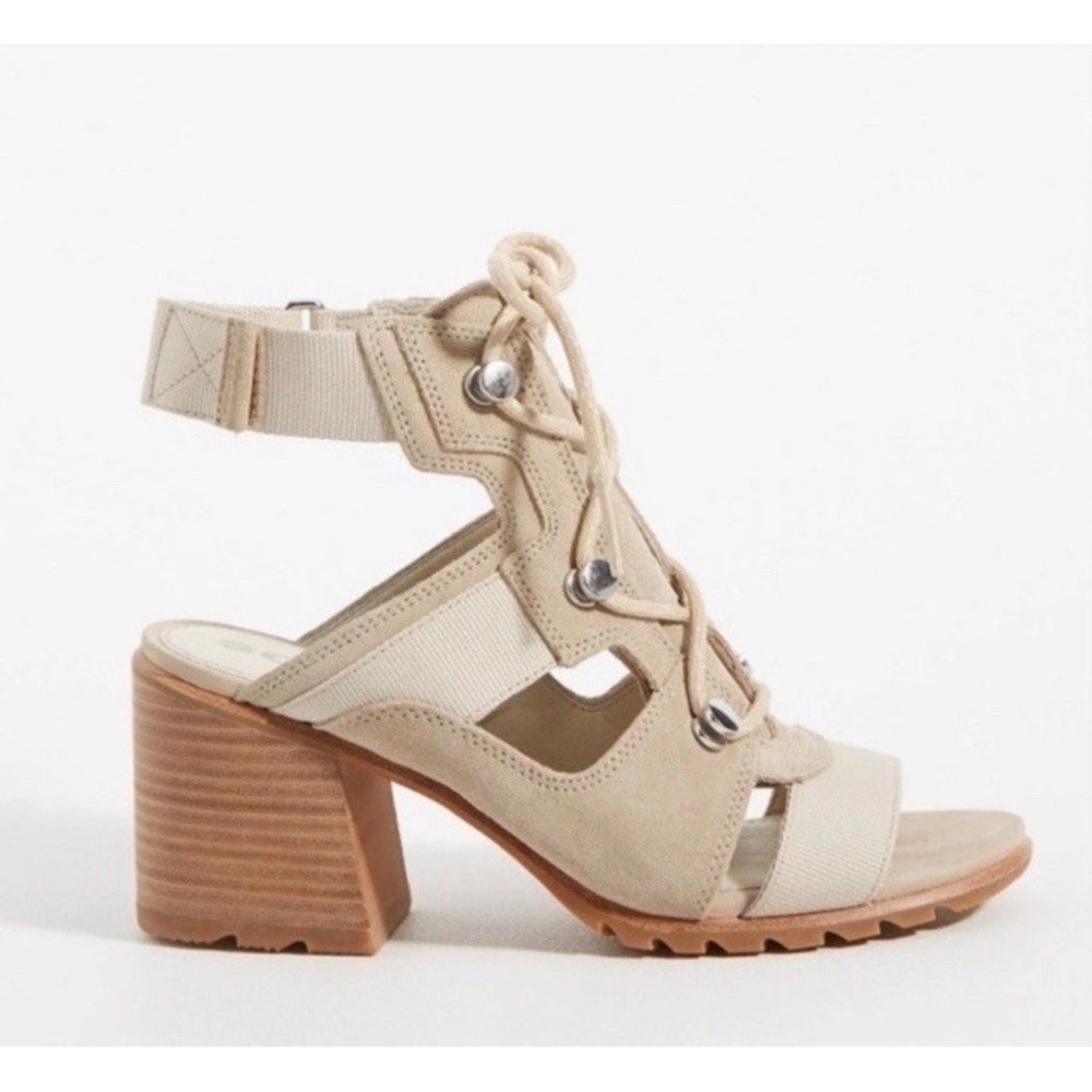 Sorel Sandals Nadia Taupe Suede Strappy Lace Up Chunky Block Heel Shoes Size 9‎